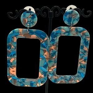 Turquoise Acrylic Dangle Geometric Resin Hoops Earrings!